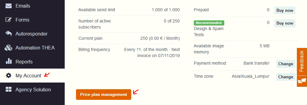 CleverReach price plan management